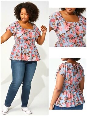 TORRID Babydoll Floral Gauze Blouse Back Neck Bow Short Sleeve Scoop Neck